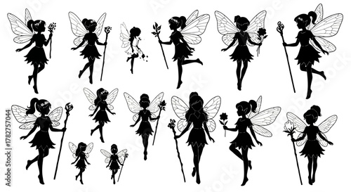 Collection of magical flying fairy girl silhouettes with delicate wings in various dynamic poses on a white background.