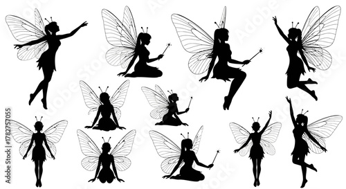Enchanting fairy silhouettes collection in various whimsical poses: flying, sitting, standing, holding magic wands.