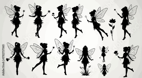 Collection of fairy silhouettes in various magical poses holding wands and flowers, ideal for design projects.