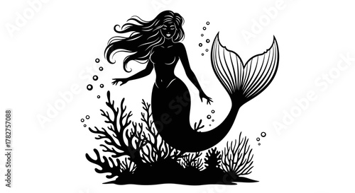 Stylized mermaid silhouette with flowing hair and fishtail, swimming gracefully among underwater coral and bubbles