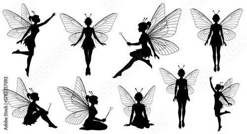 Set of enchanting fairy silhouettes with delicate butterfly wings and antennae in various graceful poses for design