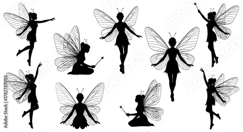 Magical fairy silhouettes set: enchanting pixie figures with detailed wings in diverse flying, standing, and sitting poses.
