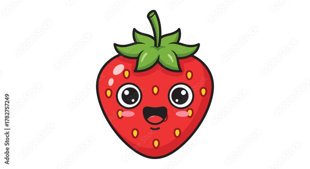 Obraz premium Cute happy cartoon strawberry illustration with big eyes and smiling face, ideal for kids' designs and healthy food concepts.
