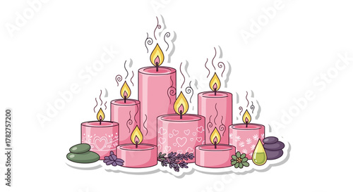 Pink spa candles with aromatic essential oils, lavender flowers, and smooth massage stones for relaxation and wellness.