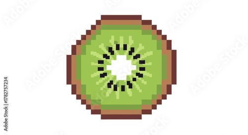 Pixel art illustration of a fresh kiwi fruit slice showing green flesh, black seeds, and brown rind. retro 8-bit design graphic.