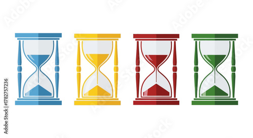 Four distinct colorful hourglasses with flowing sand, illustrating time passing, countdown, and urgent deadlines