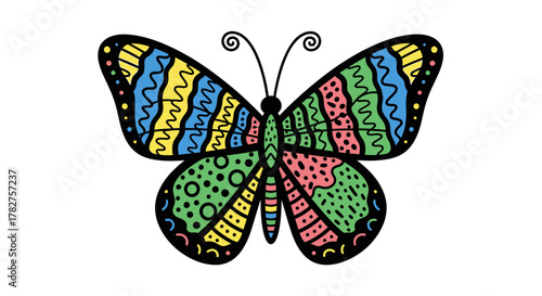 Colorful doodle style butterfly illustration with intricate patterns on wings, vibrant hues and playful design.