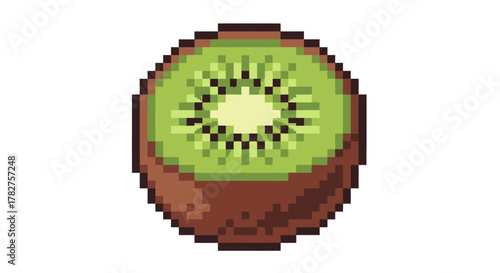 A pixel art image of a ripe kiwi fruit, sliced in half, showcasing its vibrant green flesh and black seeds.