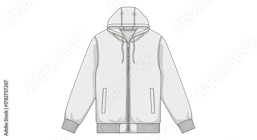 Blank white full-zip hooded sweatshirt template, flat lay vector illustration for apparel design mockup with drawstring hood.