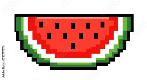 Vibrant pixel art watermelon slice with distinct black seeds, green rind, and red flesh isolated on white background.