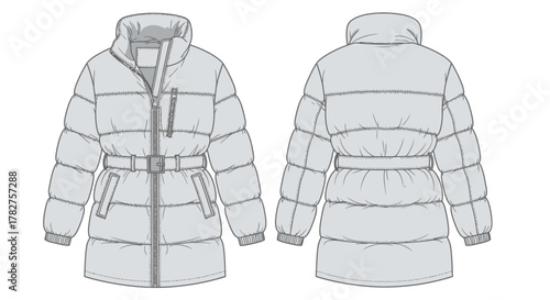 Women's belted puffer jacket technical fashion flat sketch illustration front and back views apparel design