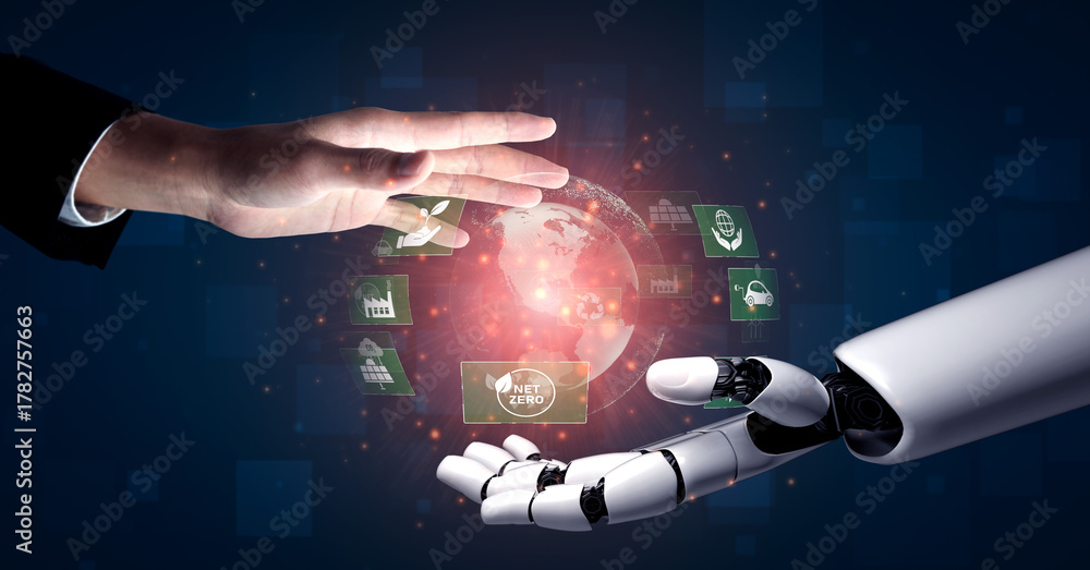Fototapeta premium AI artificial intelligence promotes sustAI artificial intelligencenability via eco-smart planning, green virtual advisors, and intelligent systems for long-term environmental responsibility. Vouch