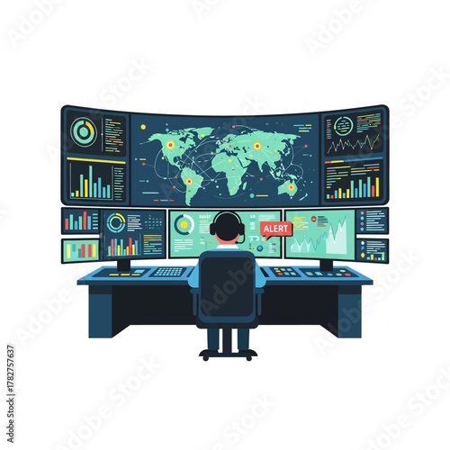 Network operations center operator monitoring global data, analytics, and security alerts on a multi-screen workstation