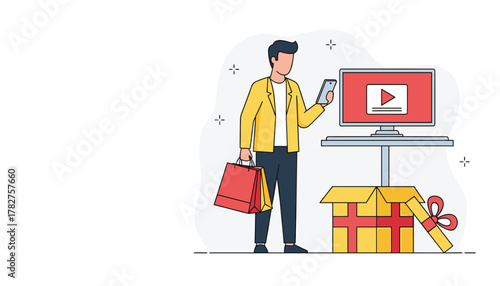 Man with shopping bags and phone looks at computer screen displaying video player, gift box open