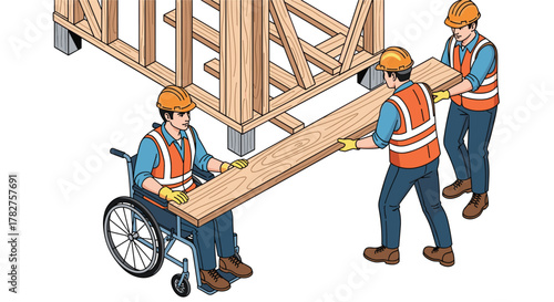 Diverse construction team collaborates building sturdy wooden structure with inclusivity and teamwork