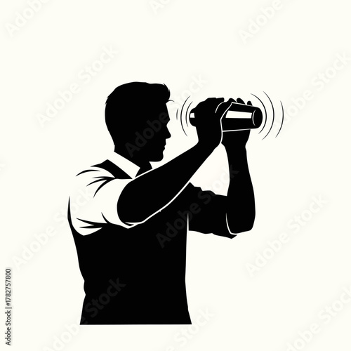 Bartender silhouette shaking cocktail shaker creating drinks, vector graphic illustration for bar menu, service and party