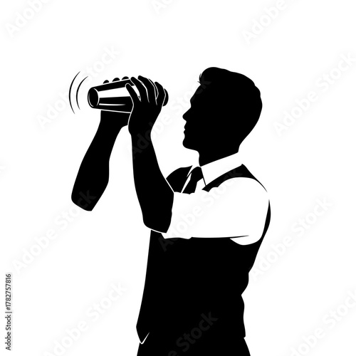 Professional bartender silhouette actively shaking a cocktail shaker to prepare a delicious alcoholic beverage.
