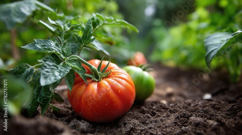 Wallpaper Mural Red and green tomatoes growing in a garden. The scene features lush green leaves and rich brown soil, highlighting the concept of organic farming and fresh produce. Torontodigital.ca
