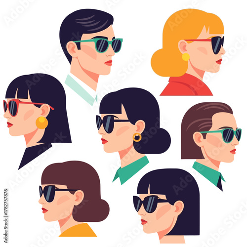 Stylized profiles of diverse individuals wearing modern sunglasses, showcasing various fashion and eyewear styles