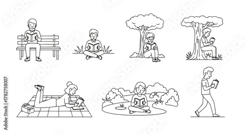 Diverse set of people enjoying reading in various outdoor and indoor settings, emphasizing relaxation and intellectual pursuit in a line art style