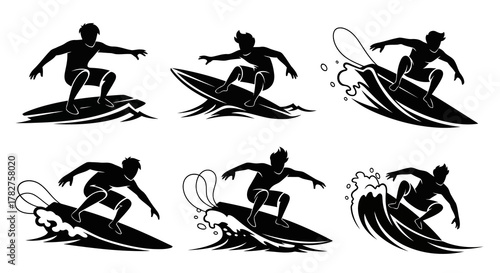 Dynamic set of surfer silhouettes riding waves, capturing the exhilaration and athleticism of surfing with various board and wave configurations