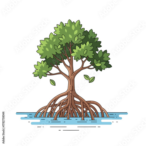 Illustration of a vibrant mangrove tree with visible prop roots in water, cartoon vector style graphic element.