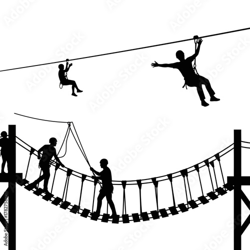 Silhouettes of people experiencing thrilling zip-lining and navigating a challenging rope bridge adventure course concept.