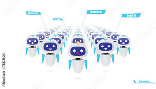 AI Agent Army Team — Friendly Virtual Assistants in Futuristic Style (Vector Illustration). Perfect for websites, SaaS dashboards, startup pitch decks, fintech solutions, and promotional materials.