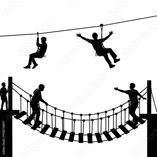 Silhouettes of people navigating a challenging rope bridge and thrilling zip line adventure course experience