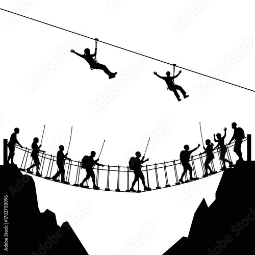 Adventure seekers zip-lining and navigating a challenging rope bridge over a chasm, depicting courage, teamwork, and exploration.