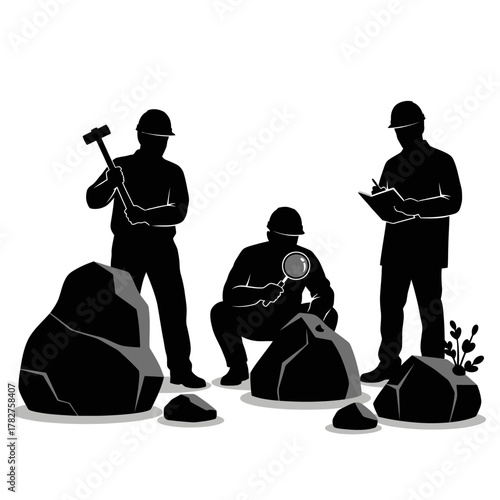 Geological exploration and mining operation concept with workers examining rocks and taking notes vector