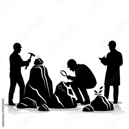 Geologists silhouettes exploring various mineral rocks, hammering, examining, and documenting findings carefully.