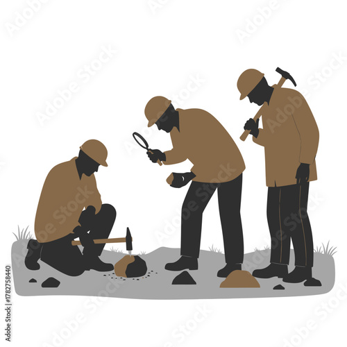 Professional geologists or miners in hard hats actively exploring various rocks with tools and magnifying glass on site.