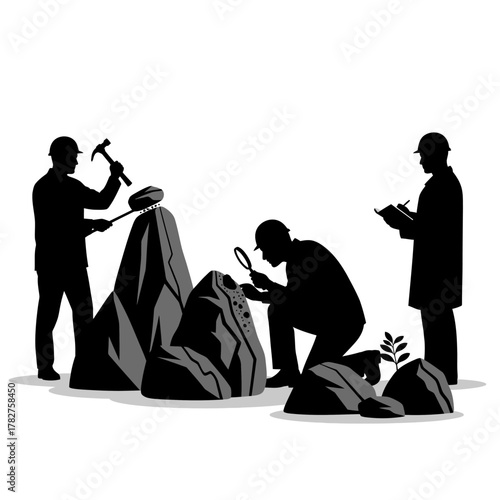 Expert geologists conducting field research, meticulously examining rock formations, and documenting findings.