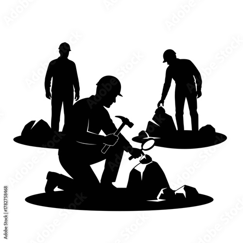 Silhouettes of geologists or miners in hard hats using a hammer and magnifying glass to examine rocks, depicting mineral exploration, industry, and hard work.