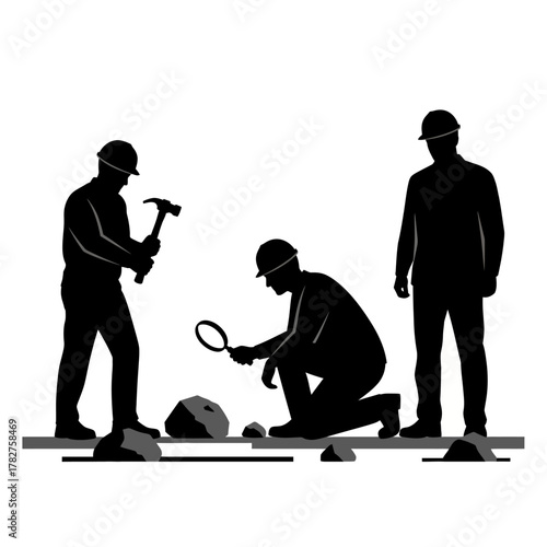 Silhouettes of three workers in hard hats inspecting and working on rocks, depicting geology, engineering, and teamwork