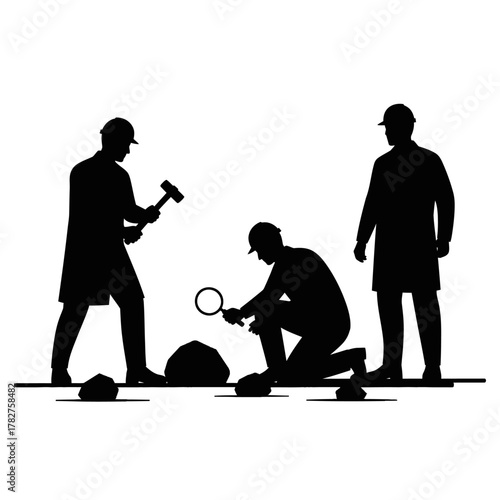 Silhouetted geologists analyzing rocks with tools, showing exploration, research, and scientific discovery illustration