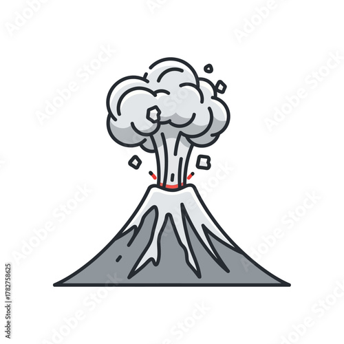 Erupting volcano vector illustration showing a mountain spewing smoke and ash into the sky, natural disaster concept