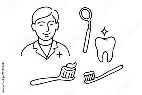 Black And White medical dental clinic Logos icons, smiley doctor Line art, tooth care Collection. Set Hand Drawn Doodle Simple drawing, Illustration teeth, Outline dentist and patient toothbrush
