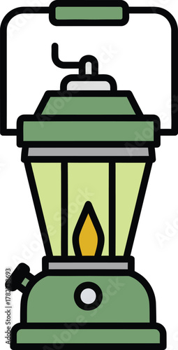 Classic Green Camping Lantern with Oil or Gas Flame for Outdoor Adventure Vector illustration  