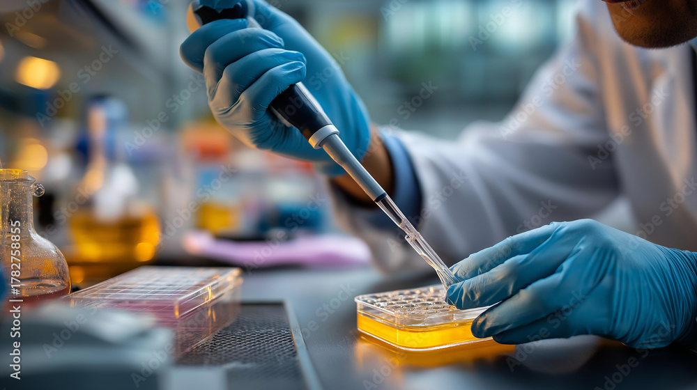 Fototapeta premium Faceless scientist pipetting medium into 12 well plate defocused laboratory background cell culture work precise liquid handling biological research procedure scientific