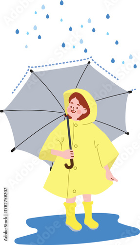 Happy Girl in Yellow Raincoat with Umbrella in Rain