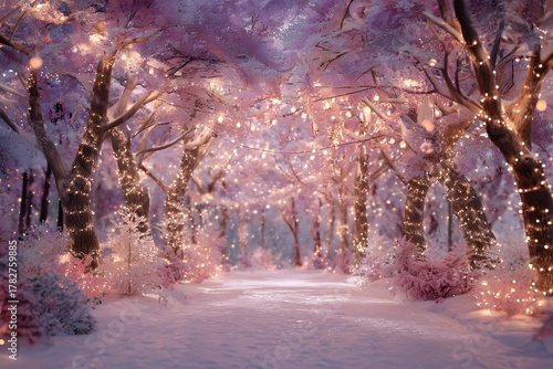 Snow-covered forest with pink lights hanging from the trees. The lights are twinkling and creating a warm, cozy atmosphere