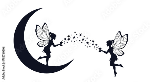 Whimsical silhouette of two fairies, one on a crescent moon, sharing a magical trail of stars in a night sky scene.
