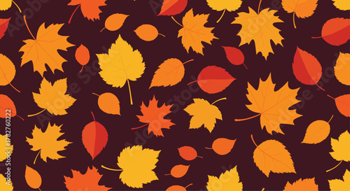 Vibrant seamless pattern of colorful falling autumn leaves in shades of orange, yellow, and red on a dark background.