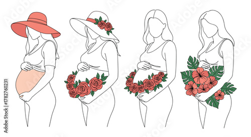 Elegant set of line art illustrations showing pregnant women adorned with hats and beautiful flowers, celebrating maternity chic.