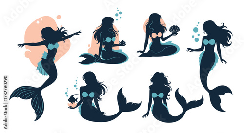 Beautiful collection of graceful mermaid silhouettes in various poses, swimming and interacting with sea elements like fish and shells.