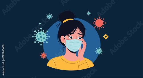 Anxious woman wearing a protective face mask, looking worried as she is surrounded by floating coronavirus (COVID-19) particles.