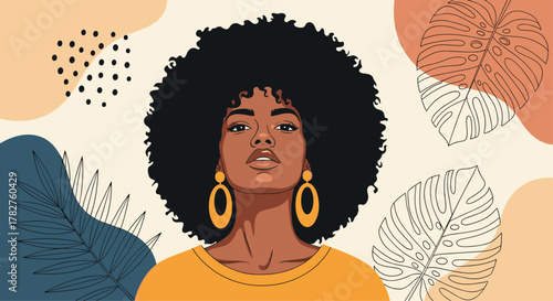 Beautiful portrait of a black woman with a large afro and gold earrings, set against an abstract background of shapes and leaves.