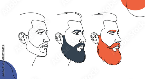 Profile of a man's face shown in three stages: a simple line drawing, with a full black beard, and with a full red beard.